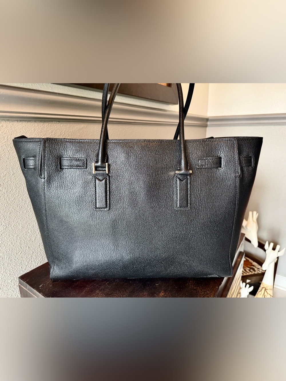 Michael Kors Black Leather Tote with Gold Accent Lock - Picture 2 of 16